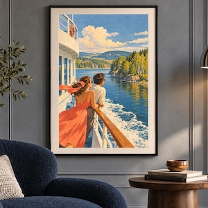May include: A framed wall art print depicting a view from the deck of a ship. Two figures stand at the railing looking out over a blue body of water toward a forested shoreline under a bright sky with white clouds. The scene features a vibrant orange dress.