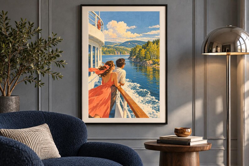 May include: A framed wall art print depicting a view from the deck of a ship. Two figures stand at the railing looking out over a blue body of water toward a forested shoreline under a bright sky with white clouds. The scene features a vibrant orange dress.