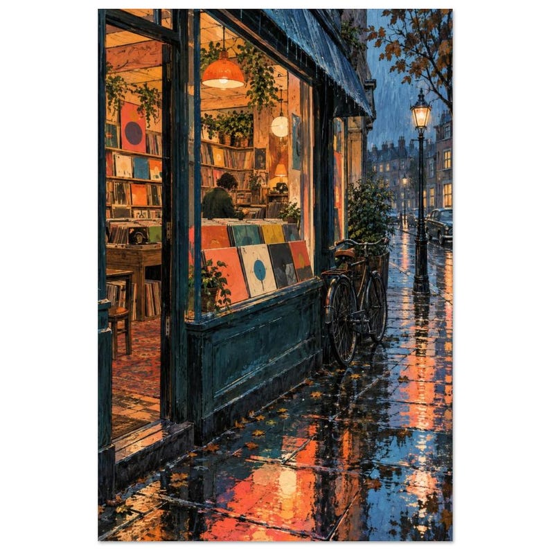 Rainy Record Shop Art Print, Retro Vinyl Store Wall Art - Record Shop Rain Bild 2