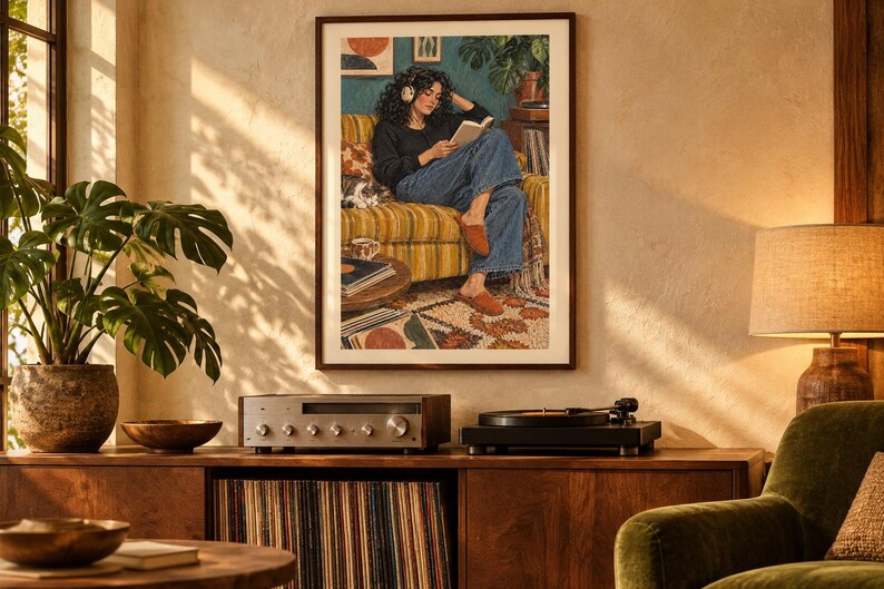 May include: A framed wall art print depicting a person with curly dark hair wearing headphones and reading a book while sitting on a striped yellow sofa. The illustration includes a cat, a houseplant, a record player, and vinyl records in a room.