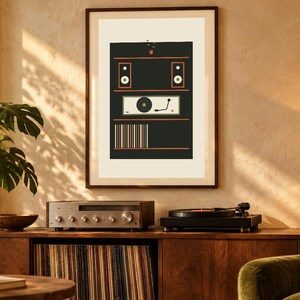 May include: A framed wall art print featuring a stylized graphic illustration of a vintage audio system. The design includes two speakers, a turntable, and a series of vertical lines in black, cream, and orange on a light background.