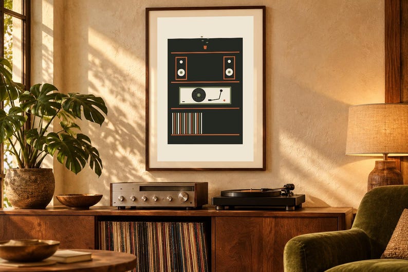 May include: A framed wall art print featuring a stylized graphic illustration of a vintage audio system. The design includes two speakers, a turntable, and a series of vertical lines in black, cream, and orange on a light background.