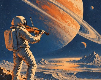 May include: An astronaut in a white space suit stands on a rocky, cratered planet surface playing a wooden violin. Above, a large orange ringed planet dominates the dark starry sky, accompanied by several smaller moons in the distance.