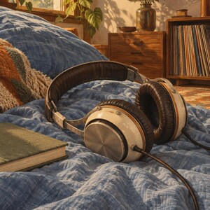 May include: Over-ear headphones featuring cream-coloured circular ear cups with metallic silver centres, dark brown padded cushions, and a matching dark brown headband. A black audio cable extends from the base of the right ear cup.