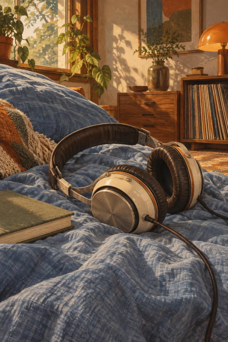 May include: Over-ear headphones featuring cream-coloured circular ear cups with metallic silver centres, dark brown padded cushions, and a matching dark brown headband. A black audio cable extends from the base of the right ear cup.