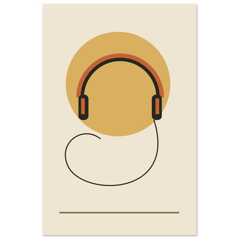 Retro Headphones Art Print, Music Room Wall Art, Headphones at Rest, Orange Music Print image 2