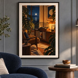 Puede incluir: Una l&aacute;mina de arte mural enmarcada que representa el interior de una habitaci&oacute;n acogedora por la noche con un tocadiscos sobre una consola de madera, una planta monstera grande, un sill&oacute;n c&oacute;modo y una vista de la luna llena sobre el mar.