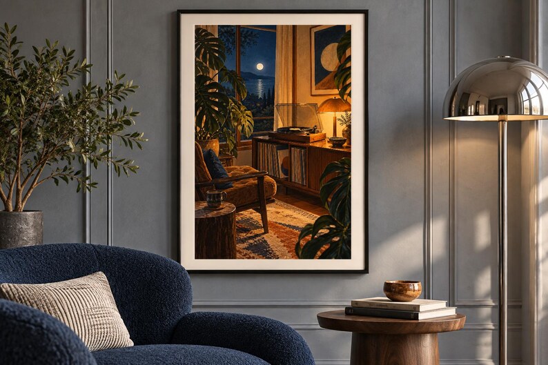 Puede incluir: Una l&aacute;mina de arte mural enmarcada que representa el interior de una habitaci&oacute;n acogedora por la noche con un tocadiscos sobre una consola de madera, una planta monstera grande, un sill&oacute;n c&oacute;modo y una vista de la luna llena sobre el mar.