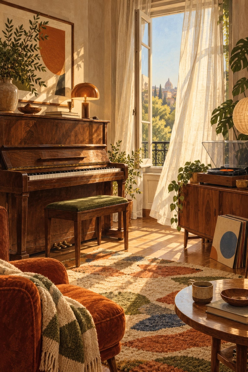 May include: A sunlit room featuring a dark wood upright piano with a green upholstered bench, a record player on a wooden cabinet, a patterned area rug, an orange armchair with a throw blanket, and a round coffee table with a ceramic mug.