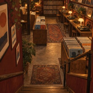 May include: A record store interior viewed from a staircase, featuring wooden bins filled with vinyl records, listening stations with turntables and lamps, framed abstract art on deep red walls, and patterned area rugs on a concrete floor.