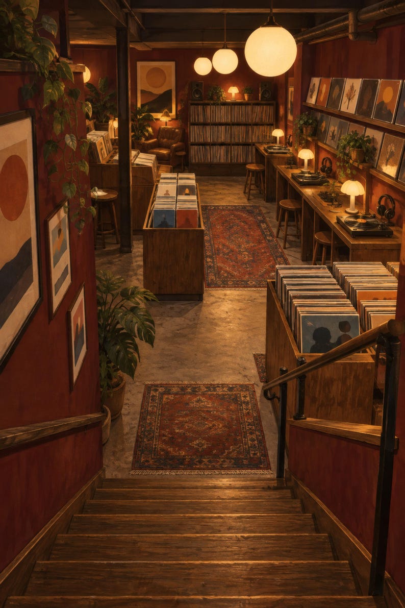May include: A record store interior viewed from a staircase, featuring wooden bins filled with vinyl records, listening stations with turntables and lamps, framed abstract art on deep red walls, and patterned area rugs on a concrete floor.