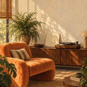 May include: A low-profile, rounded armchair upholstered in burnt orange fabric with a small rectangular throw pillow featuring green stripes. The chair is positioned in a room with a wooden media console, a record player, and a round wooden coffee table.