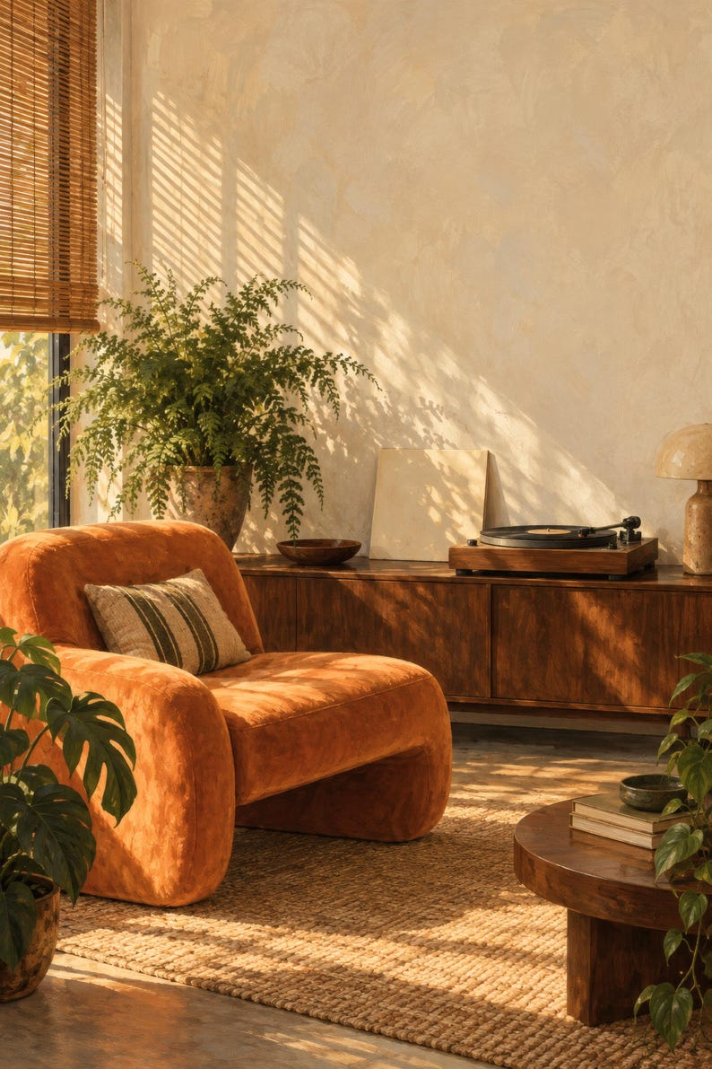 May include: A low-profile, rounded armchair upholstered in burnt orange fabric with a small rectangular throw pillow featuring green stripes. The chair is positioned in a room with a wooden media console, a record player, and a round wooden coffee table.