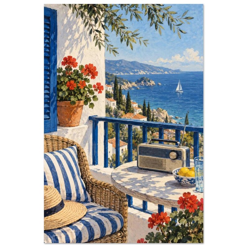 Lámina decorativa con radio en balcón junto al mar, arte mural costero - Sonido de aire salado 40 × 60 cm / 16 × 24 in