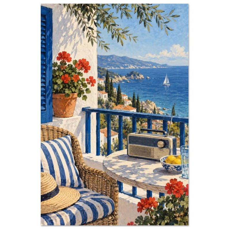 Lámina decorativa con radio en balcón junto al mar, arte mural costero - Sonido de aire salado 30 × 45 cm / 12 × 18 in