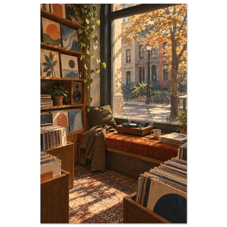 Record Shop Window Seat Art Print, 1970s Music Culture Scene (Unframed Print) 30 × 45 cm / 12 × 18 in