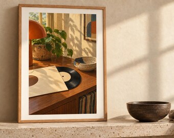 May include: A framed wall art print featuring a warm-toned interior scene with a wooden record player console, a black vinyl record in a beige sleeve, a green potted plant, an orange lamp, and a speckled ceramic bowl on a wooden surface.