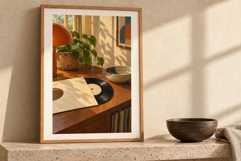 May include: A framed wall art print featuring a warm-toned interior scene with a wooden record player console, a black vinyl record in a beige sleeve, a green potted plant, an orange lamp, and a speckled ceramic bowl on a wooden surface.