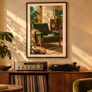 May include: A framed wall art print depicting a cozy interior scene with a green armchair, a wooden speaker, and a record player. The artwork is displayed above a wooden media console featuring a silver audio receiver and a black turntable.