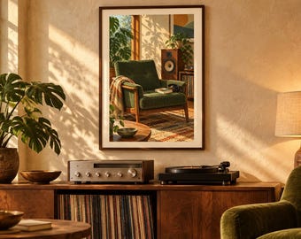 May include: A framed wall art print depicting a cozy interior scene with a green armchair, a wooden speaker, and a record player. The artwork is displayed above a wooden media console featuring a silver audio receiver and a black turntable.