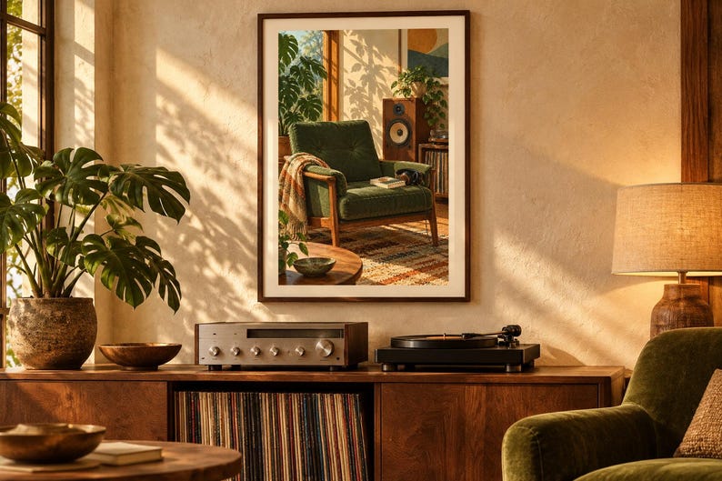 May include: A framed wall art print depicting a cozy interior scene with a green armchair, a wooden speaker, and a record player. The artwork is displayed above a wooden media console featuring a silver audio receiver and a black turntable.