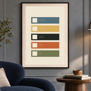 May include: A framed wall art print featuring five horizontal rectangular bars in blue, yellow, black, orange, and green. Each bar contains a white square on the left side and a series of vertical lines on the right side, set against a cream background.
