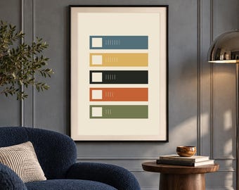 May include: A framed wall art print featuring five horizontal rectangular bars in blue, yellow, black, orange, and green. Each bar contains a white square on the left side and a series of vertical lines on the right side, set against a cream background.