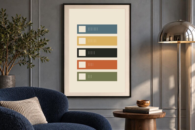 May include: A framed wall art print featuring five horizontal rectangular bars in blue, yellow, black, orange, and green. Each bar contains a white square on the left side and a series of vertical lines on the right side, set against a cream background.