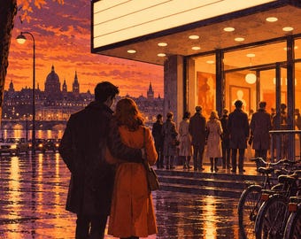 May include: A couple stands on a wet sidewalk at dusk, facing a brightly lit building entrance with a blank marquee. The scene features a city skyline across a river, parked bicycles, and warm orange sunset light reflecting on the pavement.