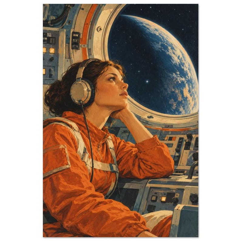 Cosmic Listening Art Print, Retro Space Headphones Poster image 2