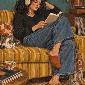 May include: A person with curly dark hair wears a black long-sleeved sweater, blue denim jeans, and brown suede slippers while reading a book. They wear beige over-ear headphones. A tabby cat sleeps on a yellow striped sofa next to them.