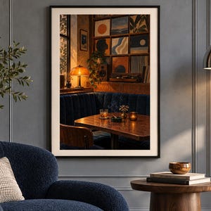 May include: A framed wall art print depicting a cozy interior scene with a dark blue tufted booth, a wooden table, a glowing amber lamp, and a grid of square abstract paintings on the wall. The artwork features warm lighting, a record player, and a houseplant, creating a moody atmosphere within a black frame.