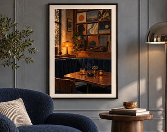 May include: A framed wall art print depicting a cozy interior scene with a dark blue tufted booth, a wooden table, a glowing amber lamp, and a grid of square abstract paintings on the wall. The artwork features warm lighting, a record player, and a houseplant, creating a moody atmosphere within a black frame.
