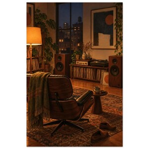 Lámina artística "Sala de escucha nocturna", "Turno de noche en casa". 40 × 60 cm / 16 × 24 in