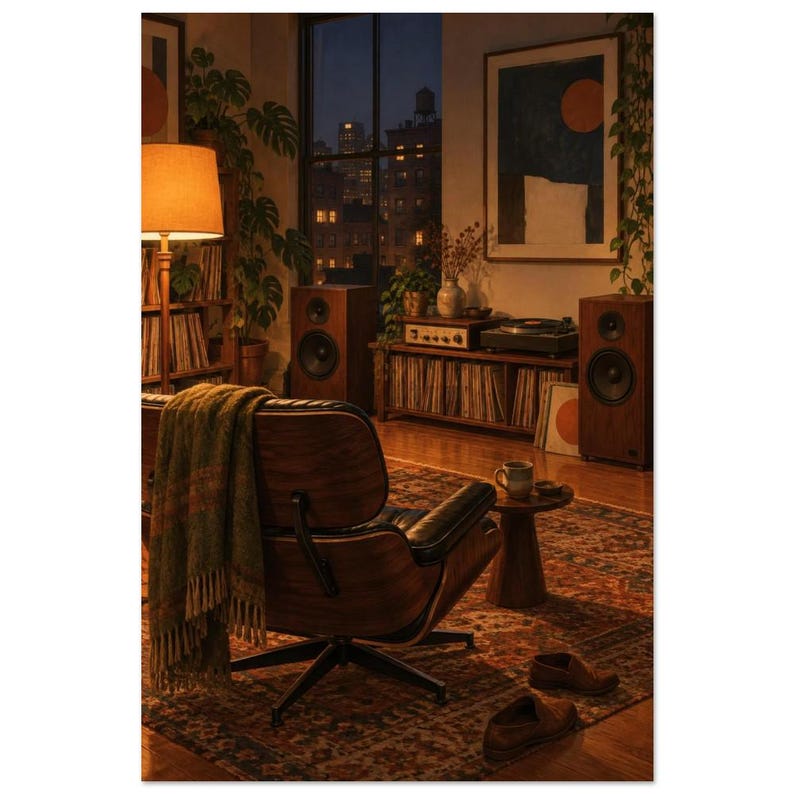 Lámina artística "Sala de escucha nocturna", "Turno de noche en casa". 40 × 60 cm / 16 × 24 in
