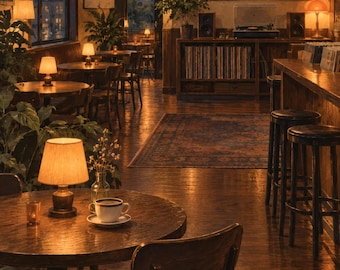 May include: A dimly lit cafe interior featuring dark wooden round tables, matching chairs, and bar stools. Warm lamps provide soft illumination across the space, which includes a record player, vinyl storage, potted plants, and framed wall art.
