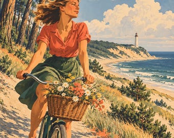 May include: A person with windblown hair rides a bicycle along a sandy coastal path. The bicycle features a woven wicker basket filled with colorful wildflowers. The scene includes a distant lighthouse, pine trees, and the ocean.