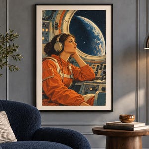 May include: A framed wall art print depicting a person in an orange flight suit wearing headphones inside a spacecraft cockpit. Through a circular window, a view of the Earth is visible against the dark expanse of space with stars.
