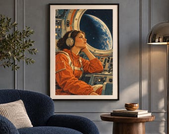 May include: A framed wall art print depicting a person in an orange flight suit wearing headphones inside a spacecraft cockpit. Through a circular window, a view of the Earth is visible against the dark expanse of space with stars.