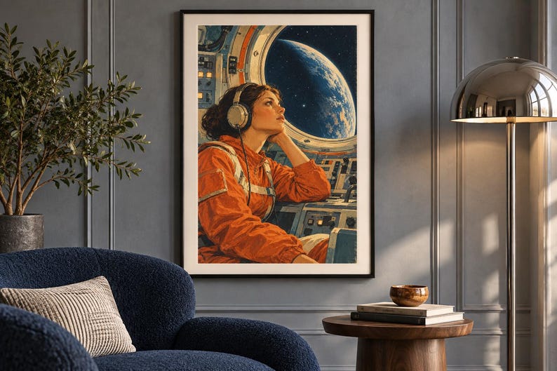 May include: A framed wall art print depicting a person in an orange flight suit wearing headphones inside a spacecraft cockpit. Through a circular window, a view of the Earth is visible against the dark expanse of space with stars.