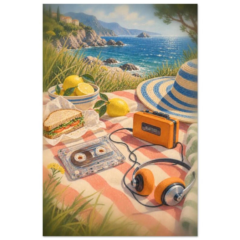 Seaside Cassette Picnic Art Print, Sunday Stereo Illustrated Style (Unframed) image 2