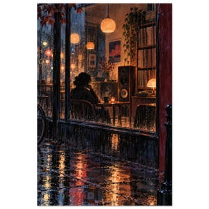 Lámina artística "Café de jazz lluvioso", ventana nocturna imagen 3