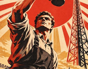 May include: A poster illustration featuring a central figure in a work apron holding a microphone on a boom arm. Behind them is a large red sun with radiating beams, a tall radio transmission tower, and a crowd of people looking upward.