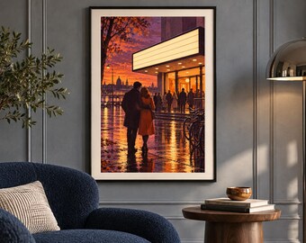 May include: A framed wall art print depicting a couple standing before a brightly lit theater marquee at sunset. The scene features a wet city street reflecting warm orange and purple sky colors, with silhouettes of people and bicycles nearby.