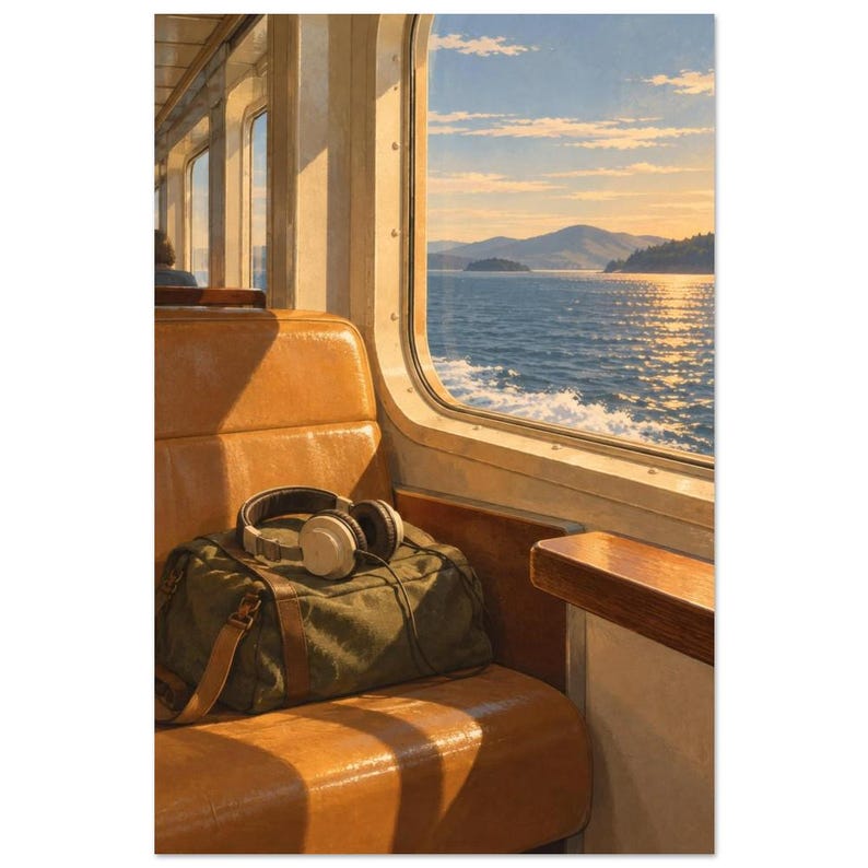 Lámina artística con imagen de la ventana de un ferry junto al mar, escena de la cultura musical de los años 70 (lámina sin marco). imagen 3