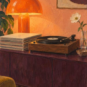 May include: An oil painting depicting a dark wood record player sitting on a deep purple cabinet. Beside the turntable is a stack of vinyl records, a clear glass vase with a single white flower, and a bright orange mushroom-shaped lamp.