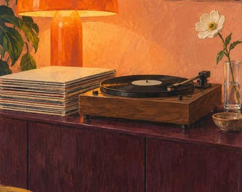 May include: An oil painting depicting a dark wood record player sitting on a deep purple cabinet. Beside the turntable is a stack of vinyl records, a clear glass vase with a single white flower, and a bright orange mushroom-shaped lamp.