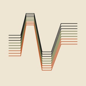 May include: A graphic print on a light beige background featuring a series of parallel horizontal lines that form a sharp, angular wave pattern. The lines transition in color from black to dark green, olive, and muted orange tones.