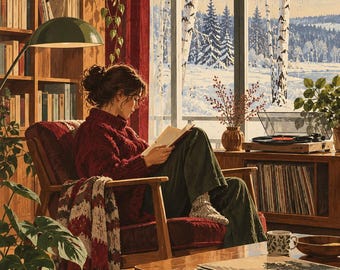 May include: A cozy interior scene featuring a person reading a book in a dark red armchair. The room includes a wooden bookshelf, a green floor lamp, a record player on a console, and a coffee table. A large window reveals a snowy winter landscape.