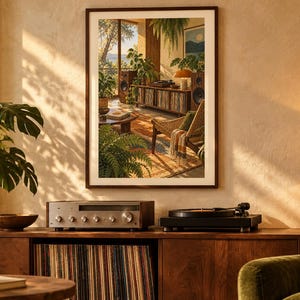 May include: A framed wall art print depicting a sunlit interior living space with a record player, speakers, a wicker chair, and various potted plants. The scene features warm golden light, a wooden media console, and a textured rug, creating a detailed representation of a cozy room filled with music equipment and greenery.